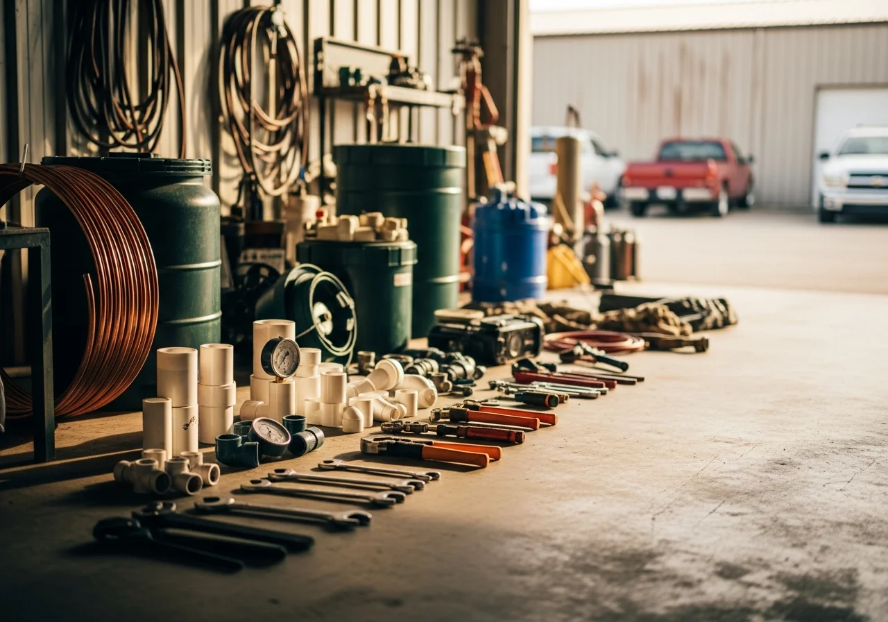 Construction crew tools and equipment staged on a job site, ready for plumbing and septic work.