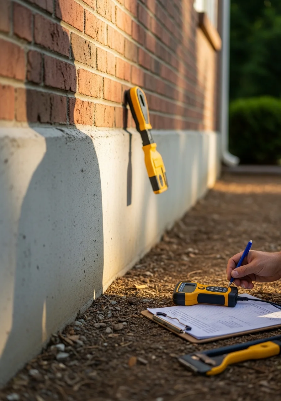 Professional foundation assessment in progress on a Henrico property, showing detailed inspection and expert evaluation.