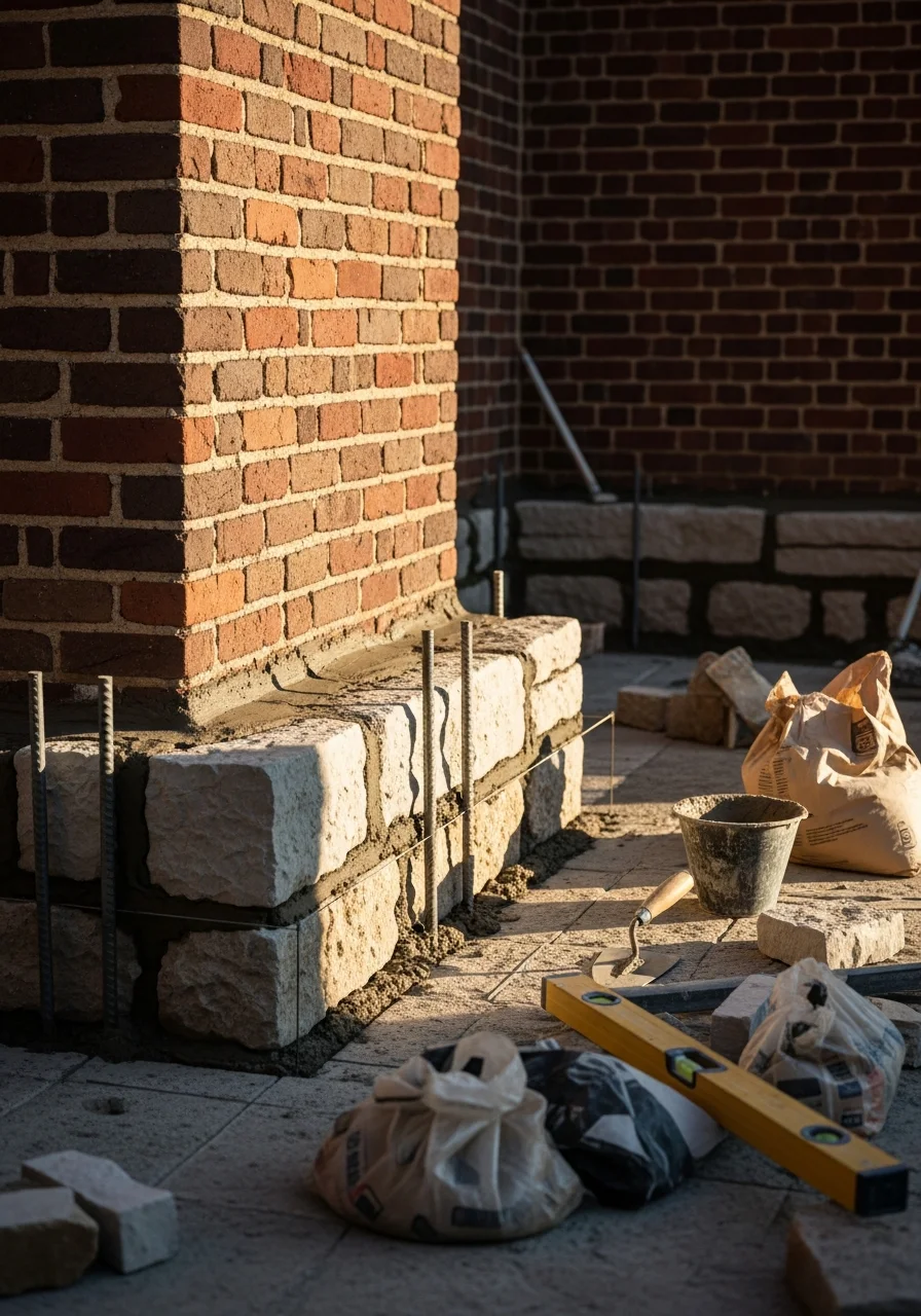 Close up of foundation repair work on a historic King William County property, showing skilled craftsmanship and attention to detail.
