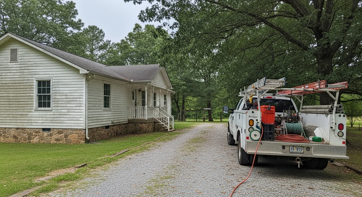 Rural King William County home with mature trees and gravel driveway, showing foundation and exterior walls in afternoon light.