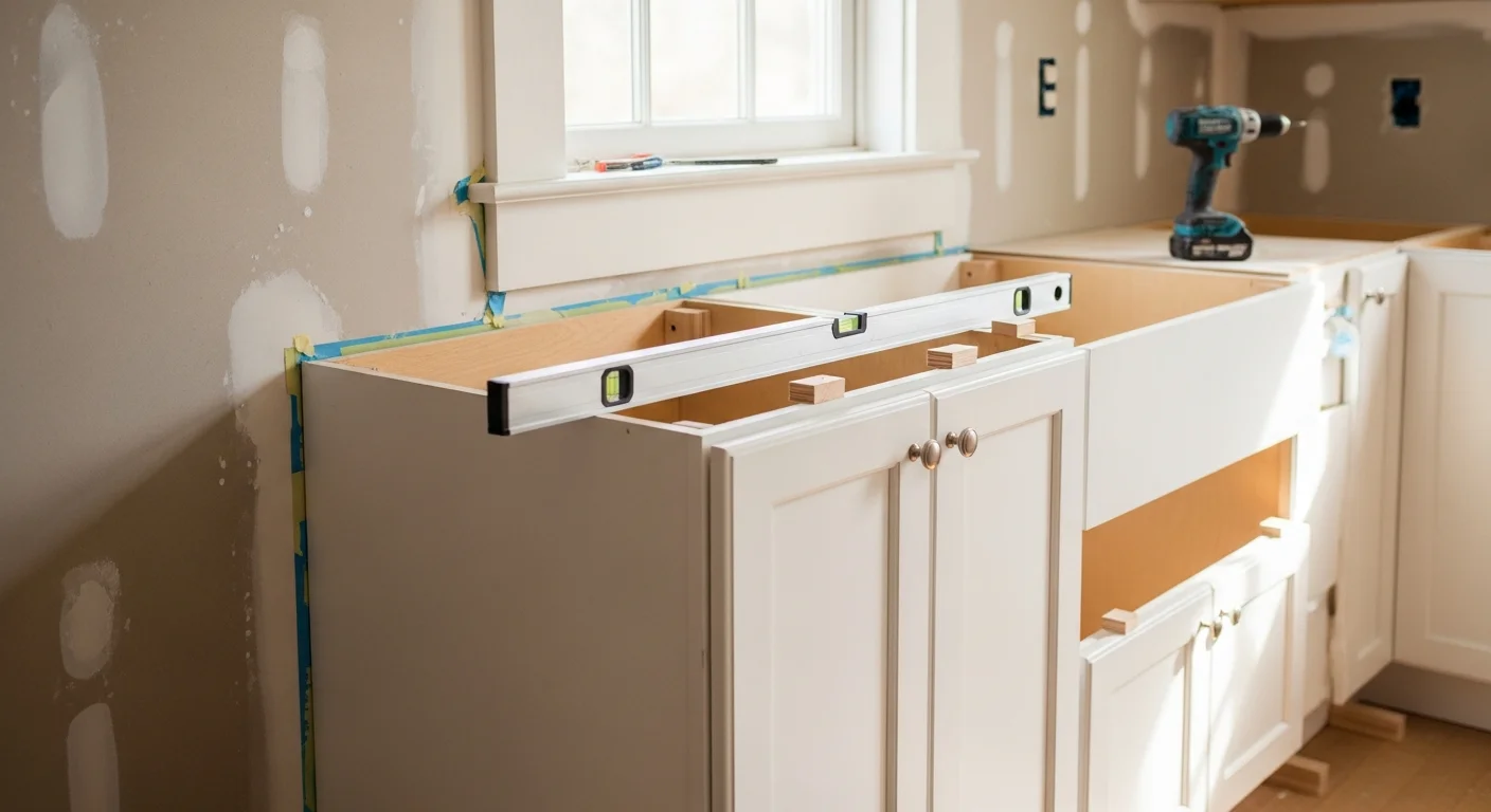 Newly installed wood finish kitchen cabinets in a King William home, with upper and lower units fitted flush against painted walls. Cabinet doors are closed and hardware is in place, showing a clean and functional kitchen layout.
