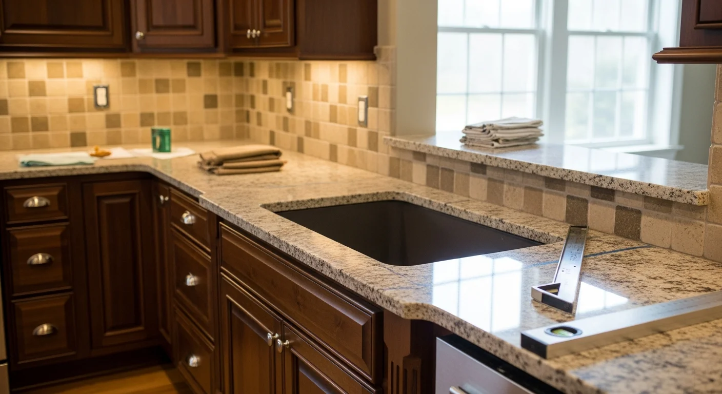 Newly installed kitchen countertop with clean edge profiles and a flush undermount sink cutout in a King William home. The surface sits level across the full cabinet run with no visible gaps at the wall or seams.