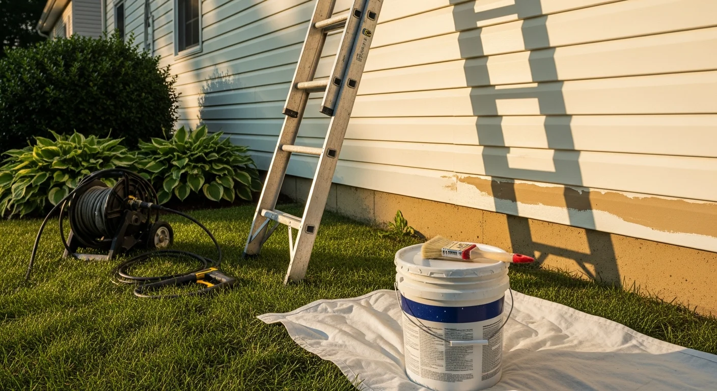 A freshly painted two story home exterior in King William, VA, with clean white siding and dark trim. A painter from Expert Construction applies a topcoat to the fascia board from an extension ladder.