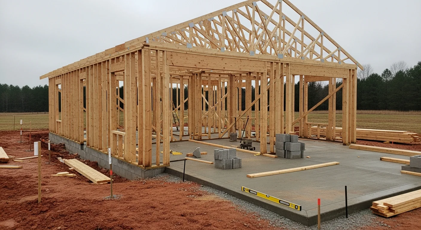 A newly built detached garage with a gabled roof and wood framed exterior on a residential lot in King William, Virginia. The structure sits on a poured concrete slab with a single wide vehicle door facing the driveway.