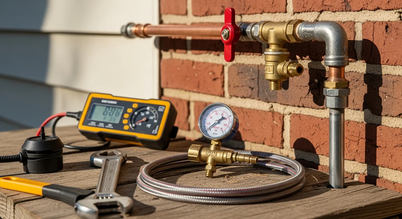 A licensed plumber from Expert Construction fitting a gas line connection beneath a kitchen range inside a residential home in King William, Virginia. The work area shows exposed copper piping and a shutoff valve being secured to a wall mounted gas supply line.