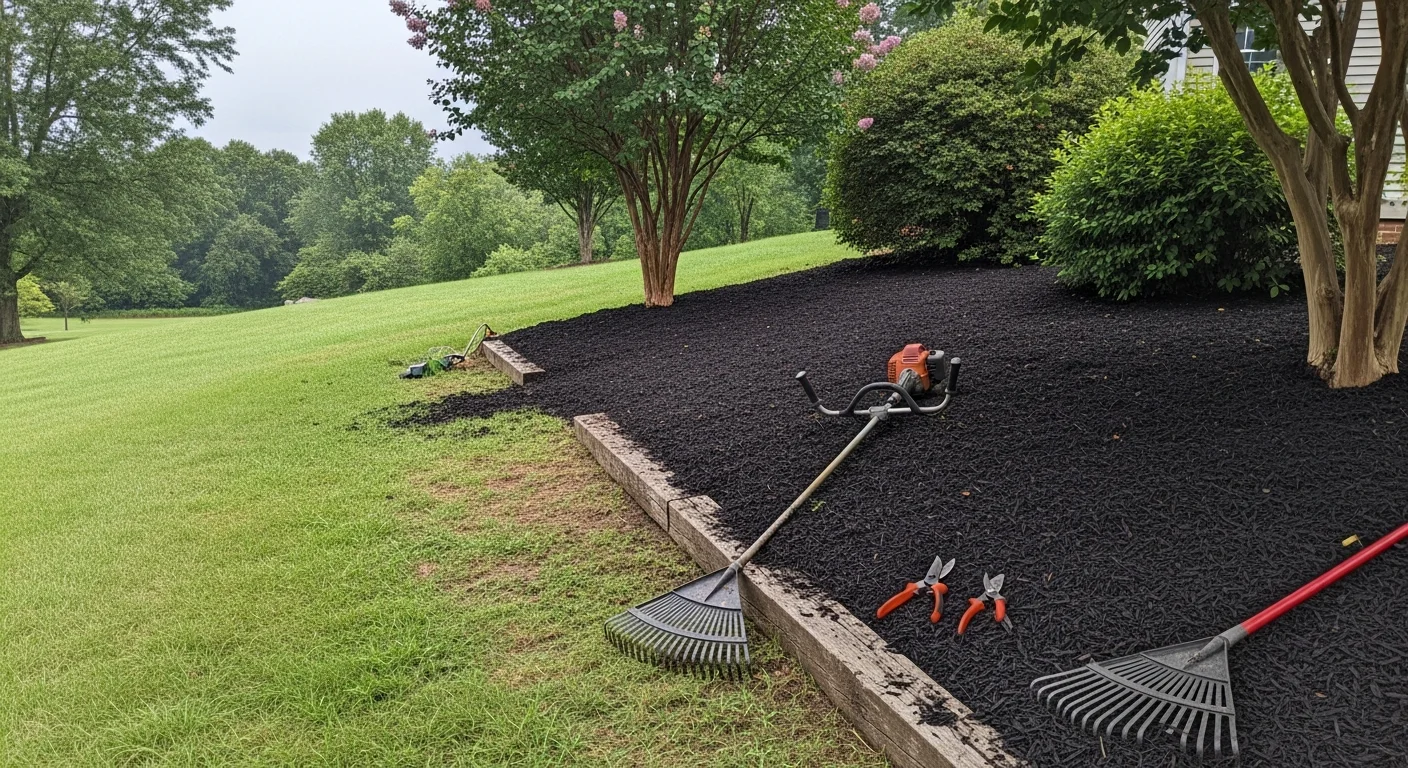 A neatly mowed and edged residential lawn in King William, VA with trimmed shrubs and clean mulched garden beds. A home improvement contractor performs routine landscape maintenance on a sunny day at a single family property.