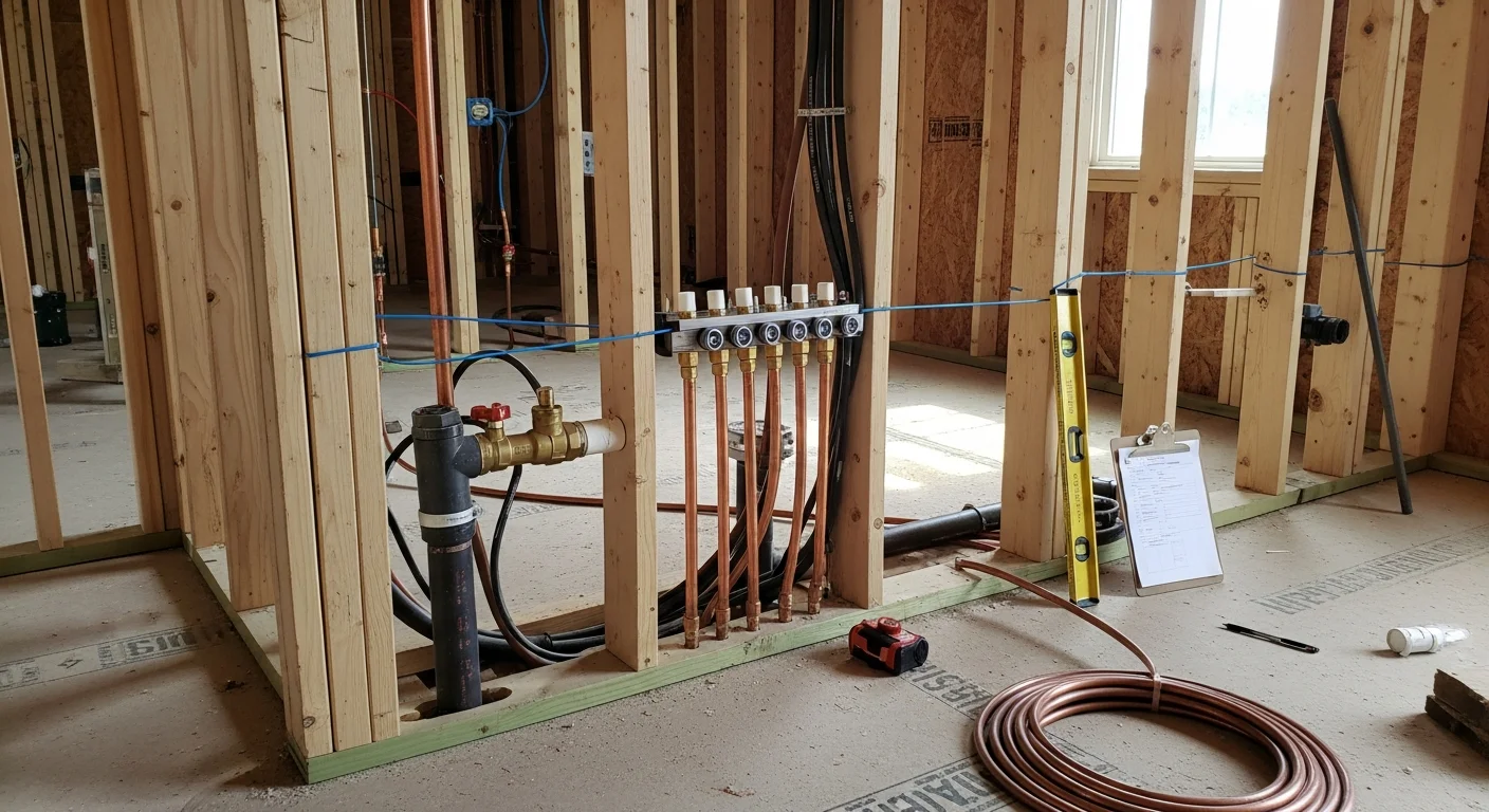 A licensed plumber installing water supply and drain lines inside a King William, VA home during a residential plumbing rough in. Copper and PVC piping runs along open wall framing in a bathroom addition.