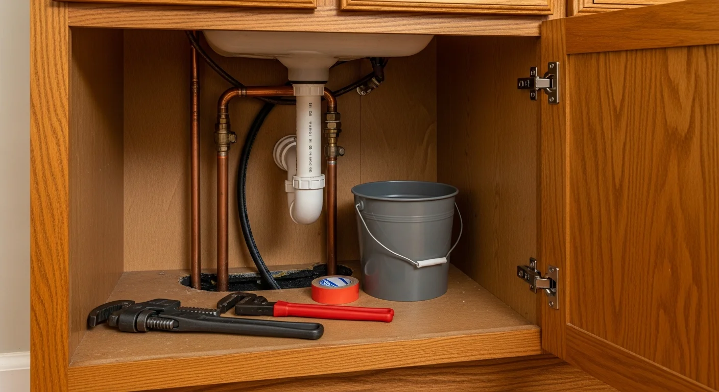 A plumber repairing a corroded pipe beneath a kitchen sink inside a rural single family home in King William, Virginia. Tools and replacement pipe fittings are laid out on a protective mat on the floor.