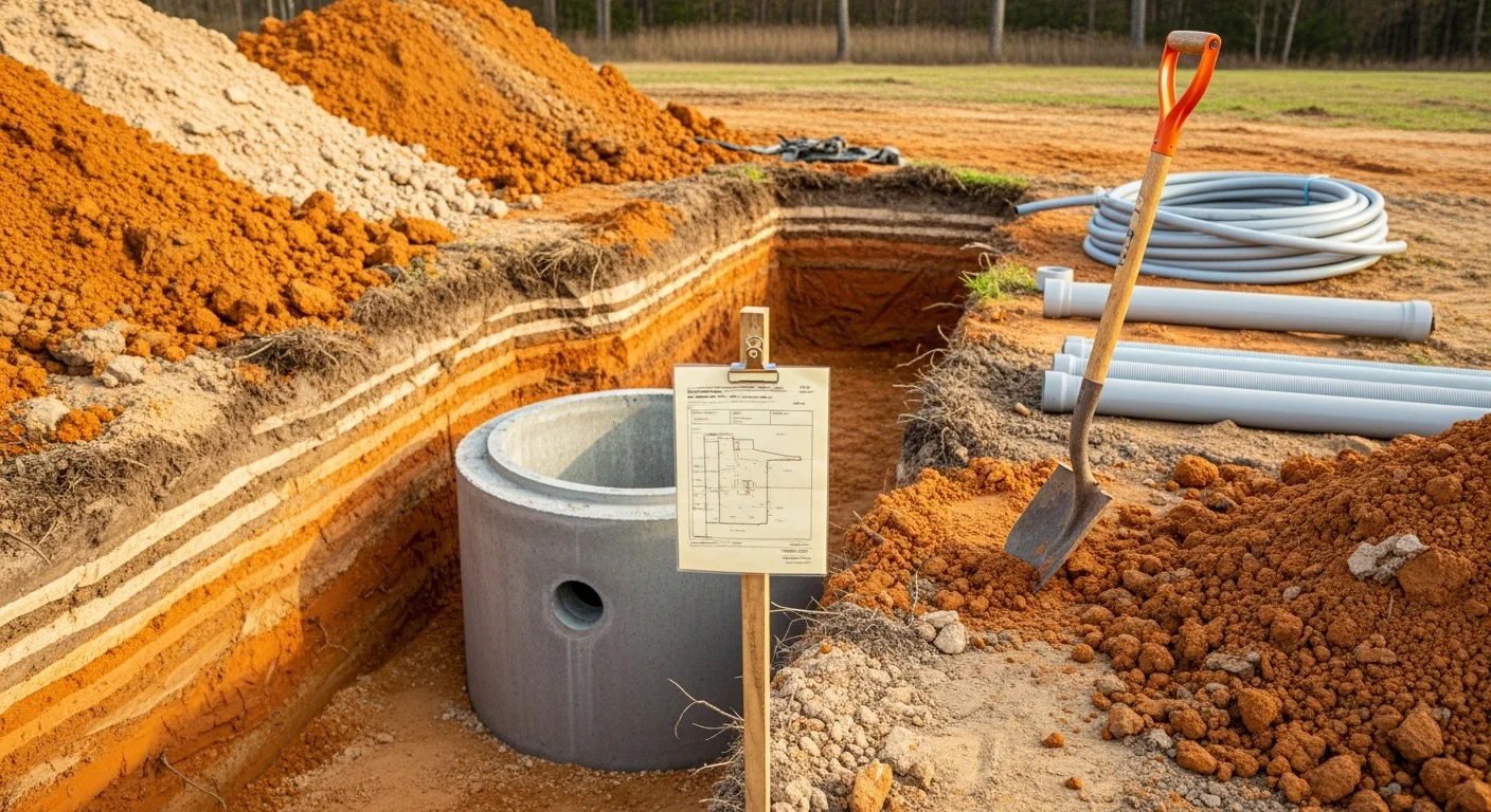 A newly installed septic system with exposed tank and drainfield lines on a rural King William, Virginia property. Sandy loam soil surrounds the installation site with open land visible in the background.