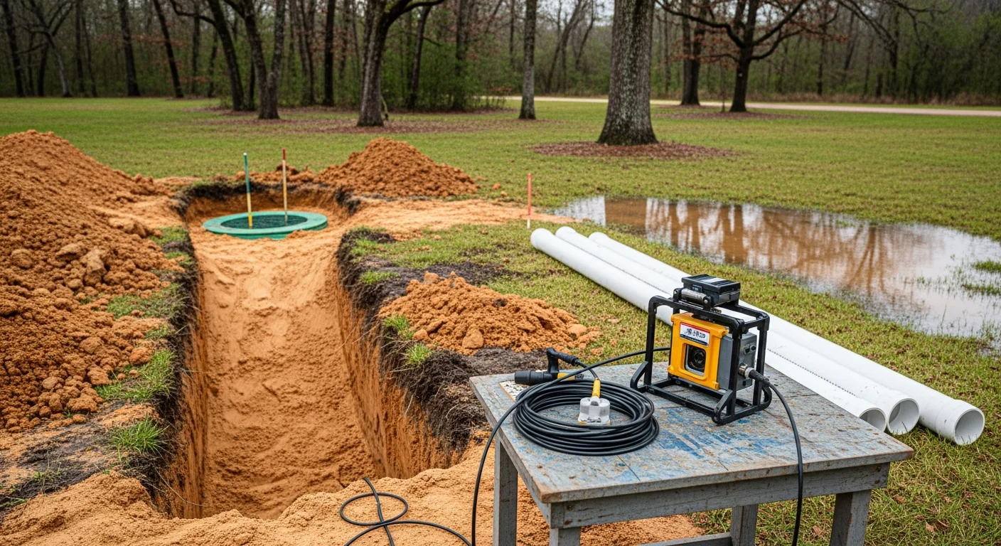 A repaired residential septic drain field on a rural King William, Virginia property, with exposed soil graded and restored after pipe and field repair work. A plumbing technician from Expert Construction reviews the completed repair site near a wooded lot typical of the King William Coastal Plain area.